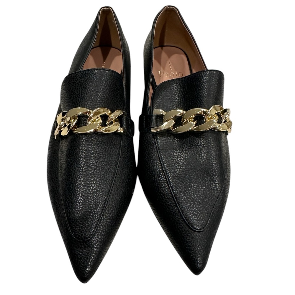 Linea Paolo Mabel-L Pointed Toe Loafer w/Goldtone Links Stone Sz 6M Black